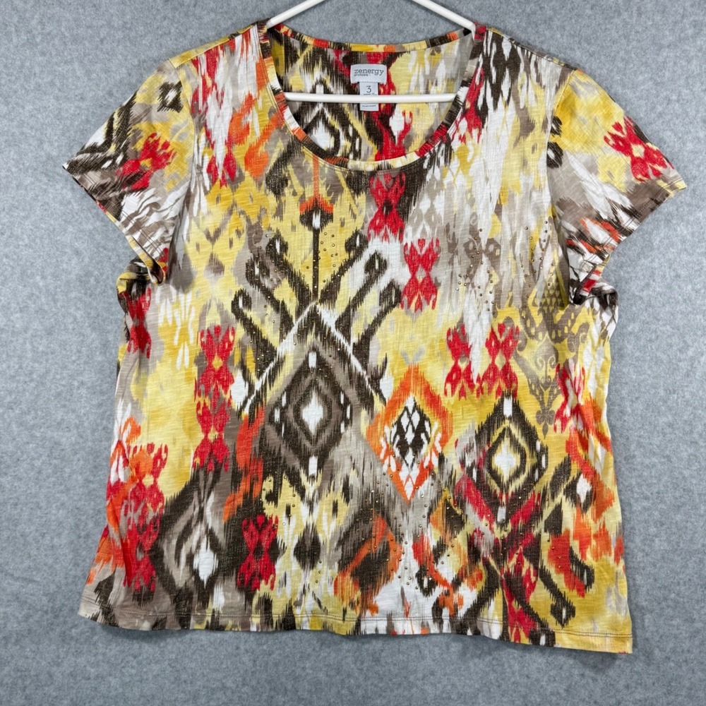 Zenergy by Chico's Top Womens 3 (XL) Yellow Orange Ikat Abstract Rhinestone‎ Tee